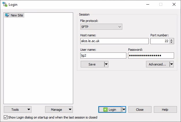 The WinSCP connection management window