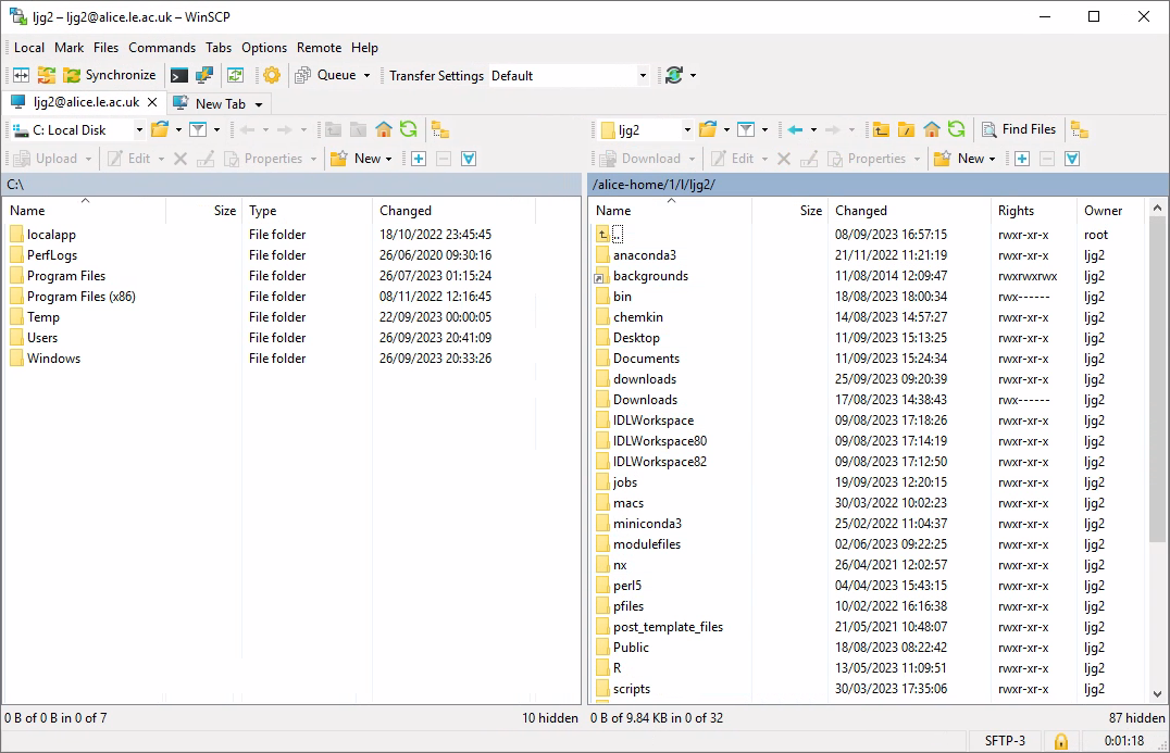 The WinSCP file explorer window